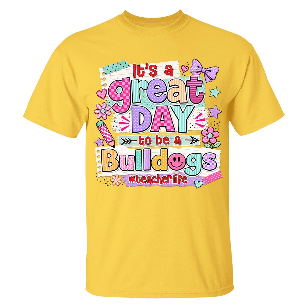 Striped Neon It's A Great Day To Be A Bulldog Personalized School Mascot Retro Stripe Shirt For Teacher Hv01