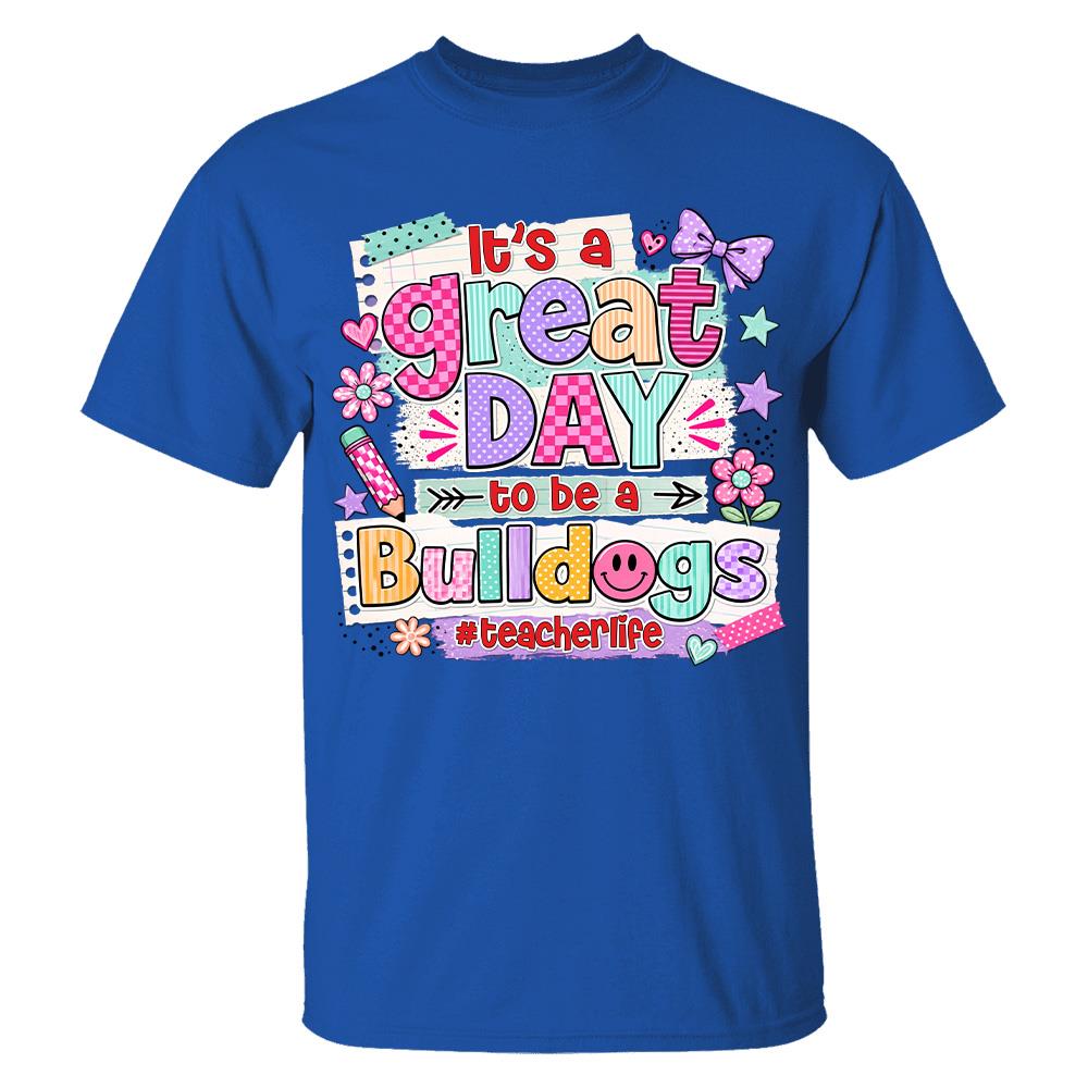 Striped Neon It's A Great Day To Be A Bulldog Personalized School Mascot Retro Stripe Shirt For Teacher Hv01