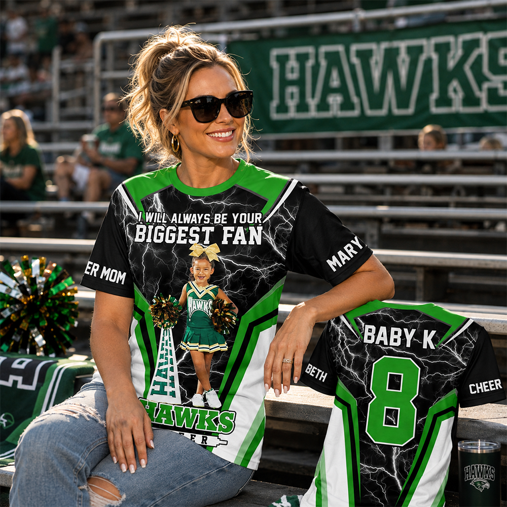 Personalized Cheer Mom Shirt, I’ll Always Be Your Biggest Fan, Custom Player Name & Number All Over Print Game Day Shirt for Mom Grandma Family Hv01