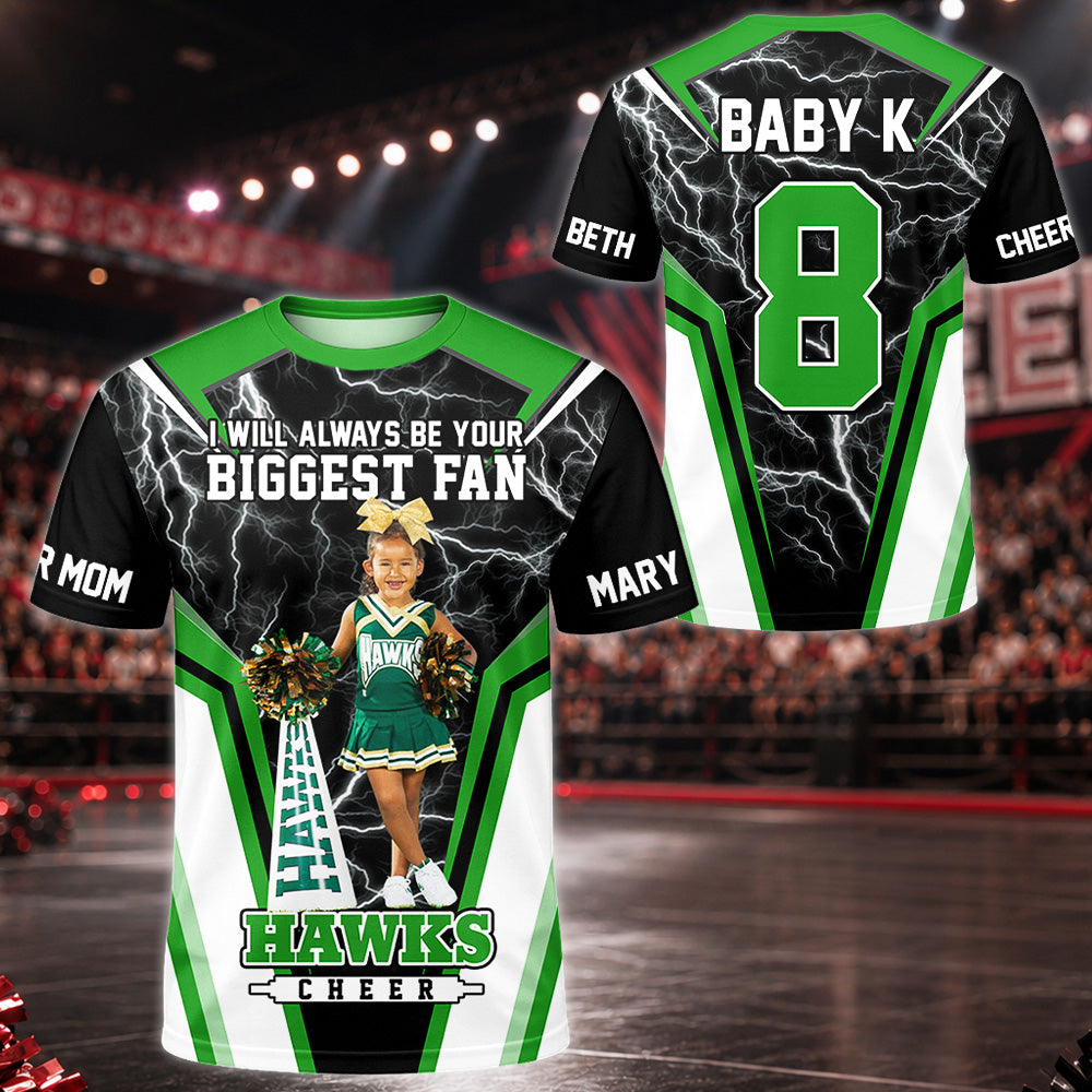Personalized Cheer Mom Shirt, I’ll Always Be Your Biggest Fan, Custom Player Name & Number All Over Print Game Day Shirt for Mom Grandma Family Hv01