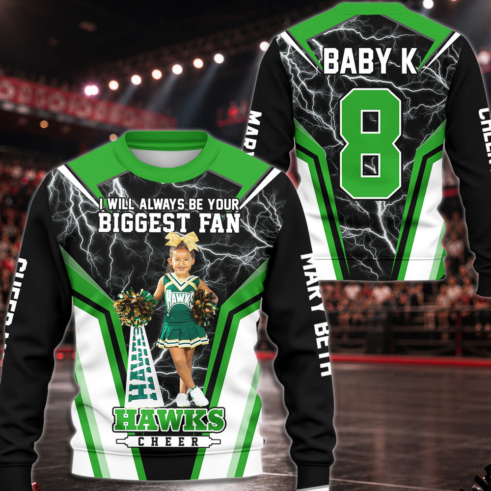 Personalized Cheer Mom Shirt, I’ll Always Be Your Biggest Fan, Custom Player Name & Number All Over Print Game Day Shirt for Mom Grandma Family Hv01