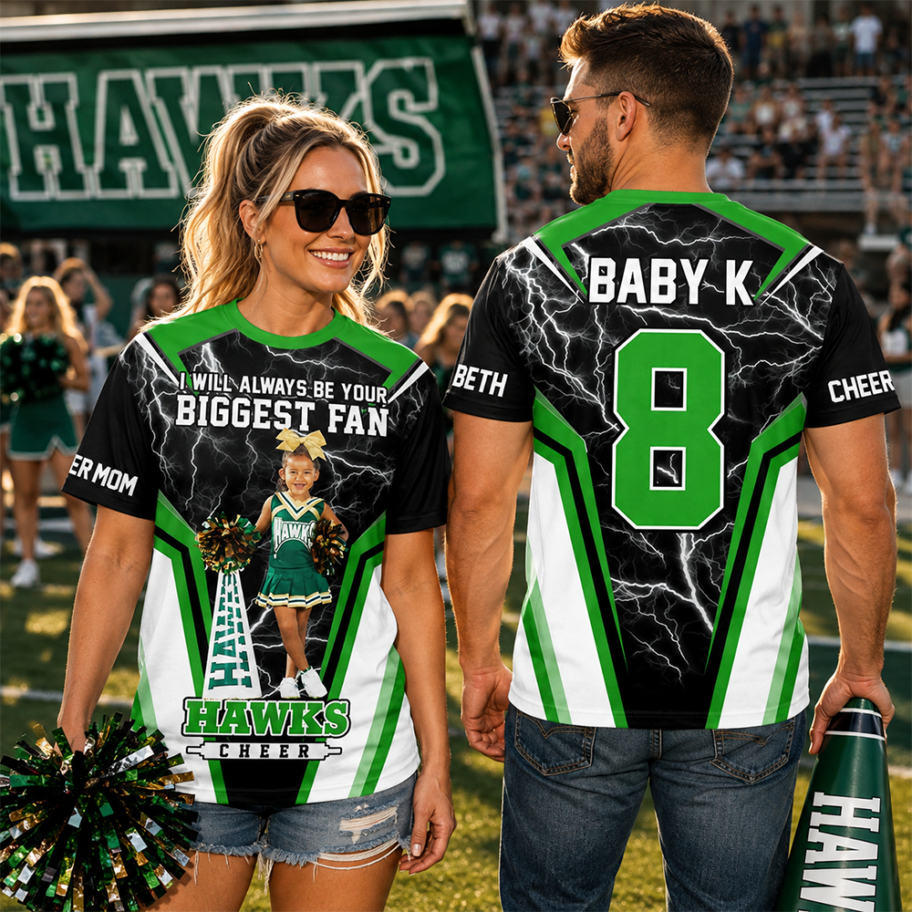 Personalized Cheer Mom Shirt, I’ll Always Be Your Biggest Fan, Custom Player Name & Number All Over Print Game Day Shirt for Mom Grandma Family Hv01