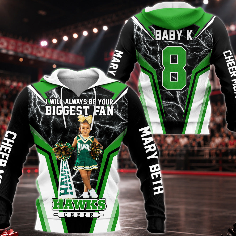 Personalized Cheer Mom Shirt, I’ll Always Be Your Biggest Fan, Custom Player Name & Number All Over Print Game Day Shirt for Mom Grandma Family Hv01