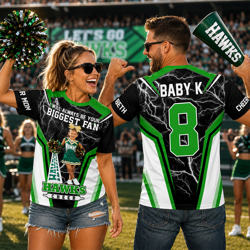 Personalized Cheer Mom Shirt, I’ll Always Be Your Biggest Fan, Custom Player Name & Number All Over Print Game Day Shirt for Mom Grandma Family Hv01