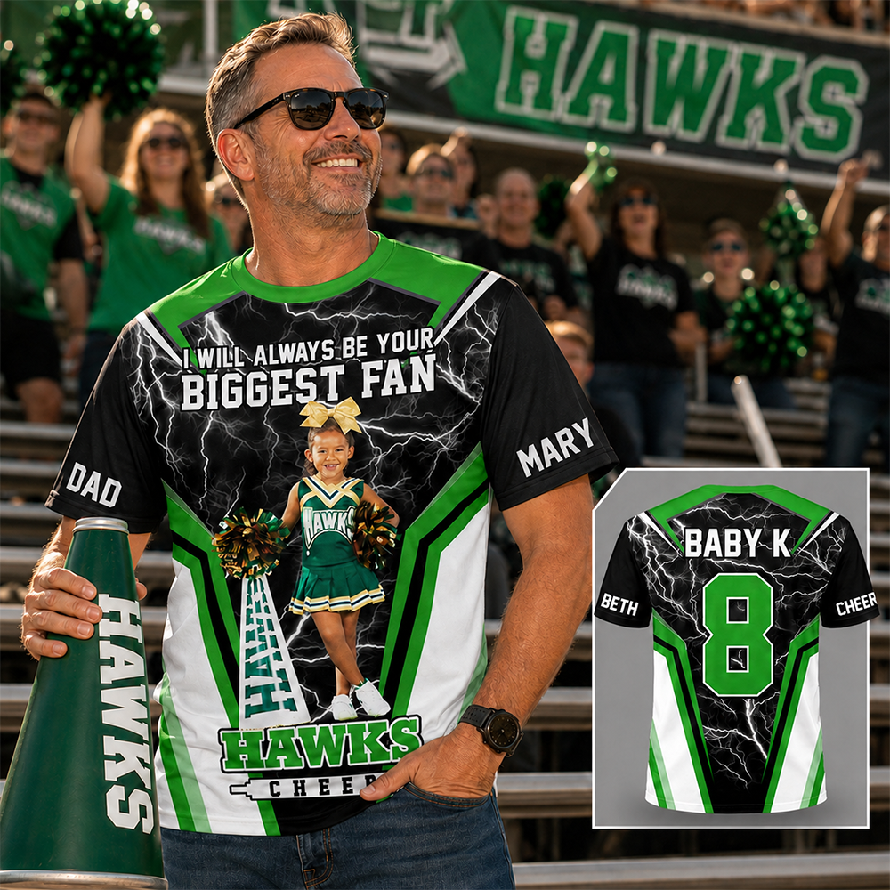 Personalized Cheer Mom Shirt, I’ll Always Be Your Biggest Fan, Custom Player Name & Number All Over Print Game Day Shirt for Mom Grandma Family Hv01