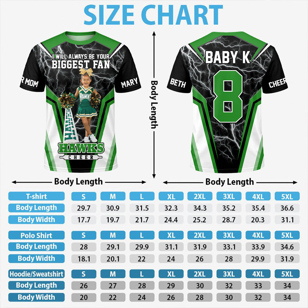 Personalized Cheer Mom Shirt, I’ll Always Be Your Biggest Fan, Custom Player Name & Number All Over Print Game Day Shirt for Mom Grandma Family Hv01