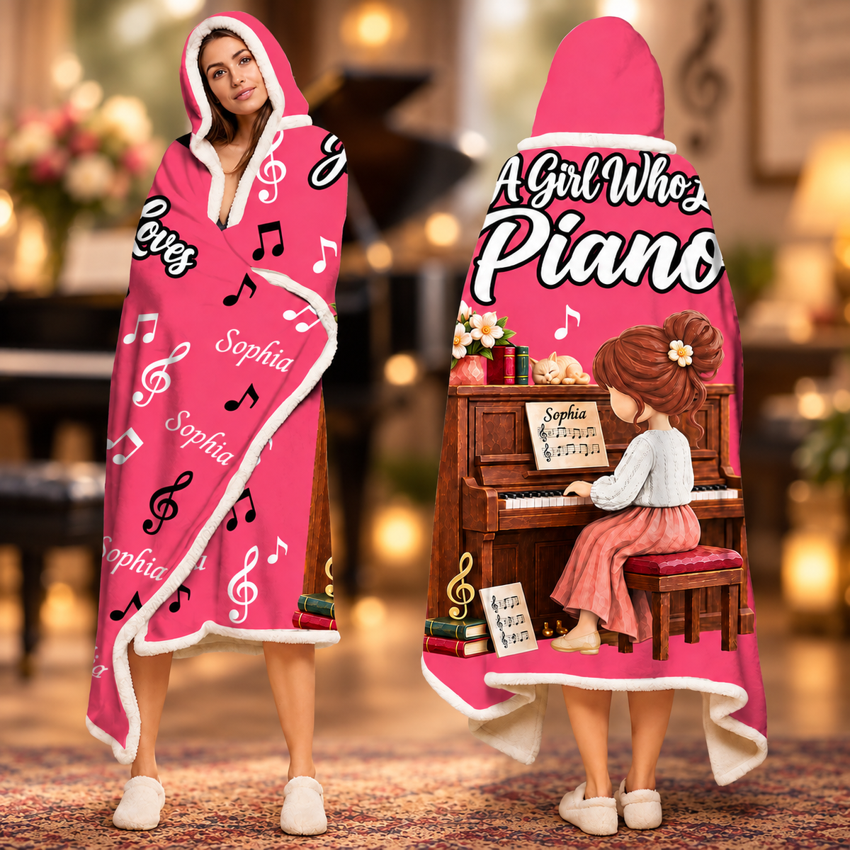 Just A Girl Who Loves Piano, Personalized Piano Wearable Blanket Hoodie For Piano Lovers, Piano Players MI209 VH01 TL06