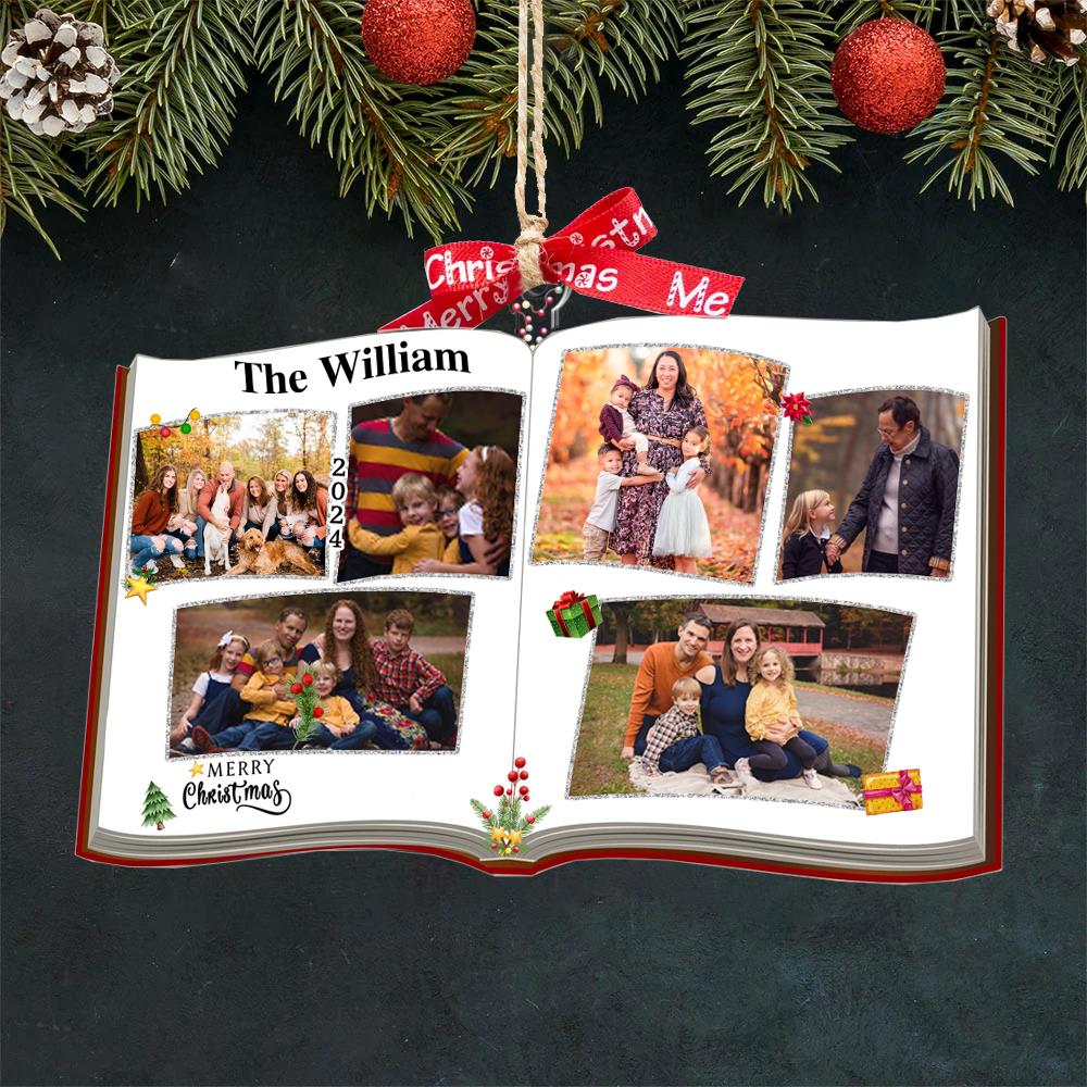 Photo Book Shaped Ornament, Personalized Custom Photo Print, Perfect Gift for Loved Ones, Customizable Gifts for Christmas Tree, Family Name Nh00