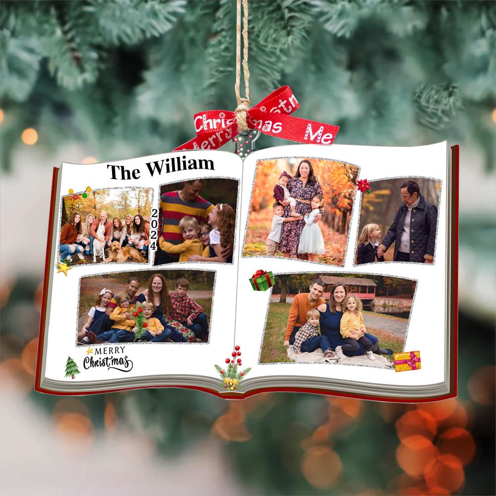 Photo Book Shaped Ornament, Personalized Custom Photo Print, Perfect Gift for Loved Ones, Customizable Gifts for Christmas Tree, Family Name Nh00