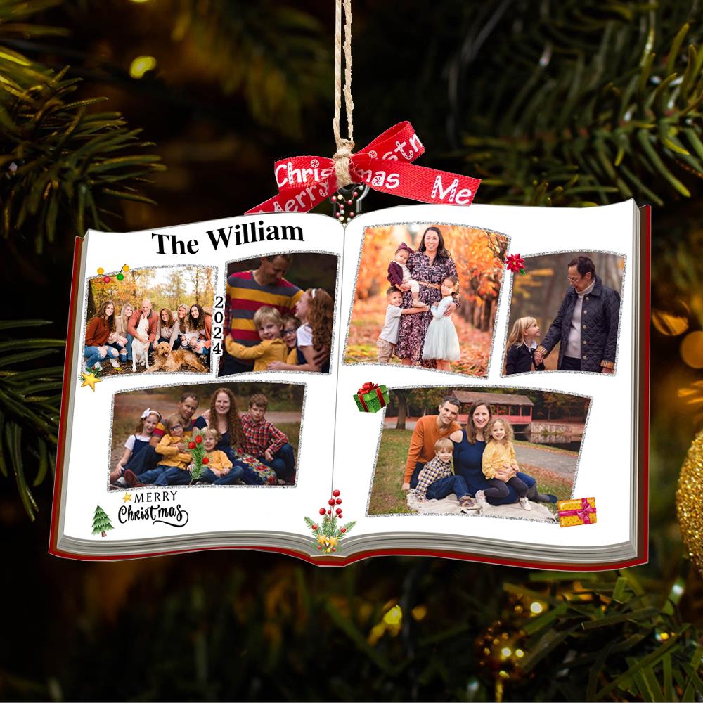 Photo Book Shaped Ornament, Personalized Custom Photo Print, Perfect Gift for Loved Ones, Customizable Gifts for Christmas Tree, Family Name Nh00