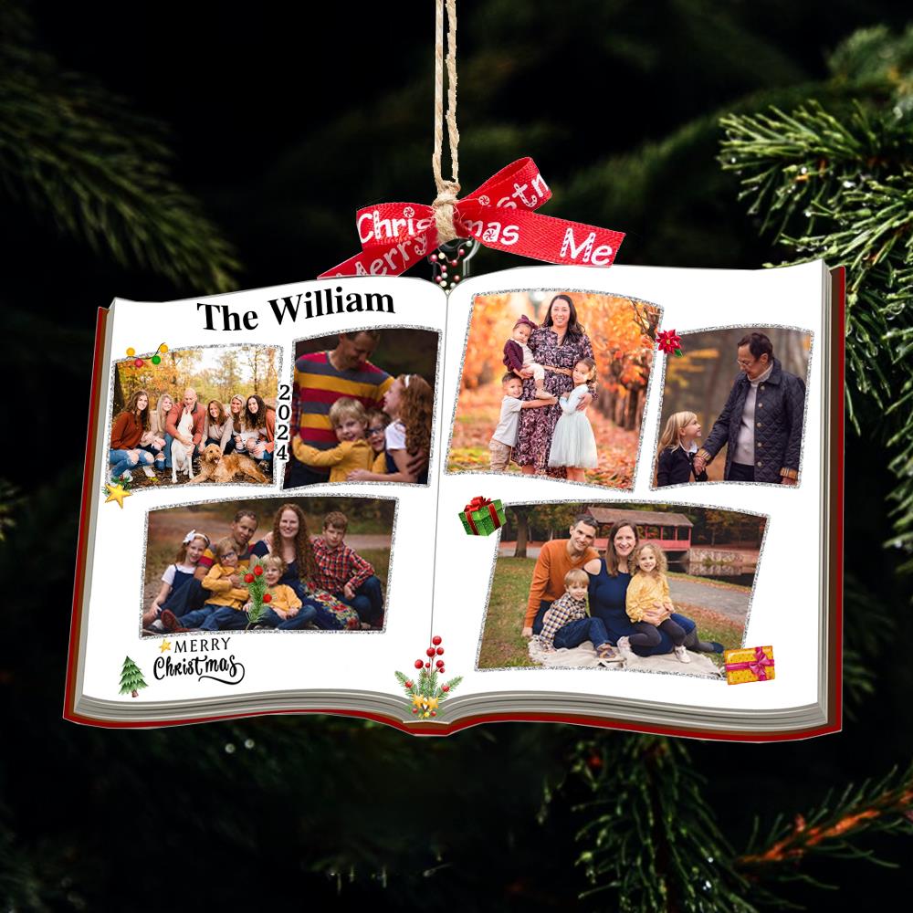 Photo Book Shaped Ornament, Personalized Custom Photo Print, Perfect Gift for Loved Ones, Customizable Gifts for Christmas Tree, Family Name Nh00