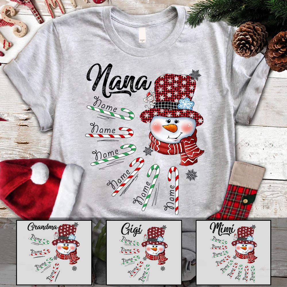 Personalized Grandma Snowman Candy Cane Christmas Shirt, Custom Grandma Nana Mimi Christmas Shirt