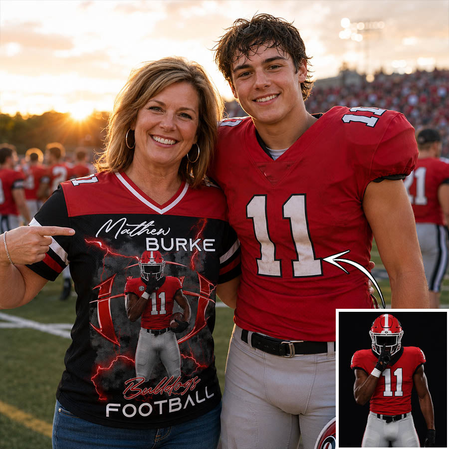 Personalized Football Family Jersey Shirt with Custom Player Photo, Name & Number – Game Day Gift for Mom Dad Family