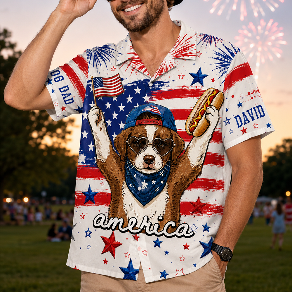 Funny Dog Hot Dog American Flag - Personalized Hawaiian Shirt - Custom Dog Cat Photo Shirt - Gift for Patriots Pet Lover T1807 Hv01