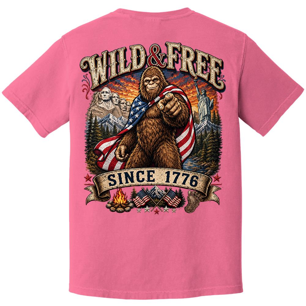 Custom Wild & Free Since 1776 Bigfoot Patriotic T-Shirt