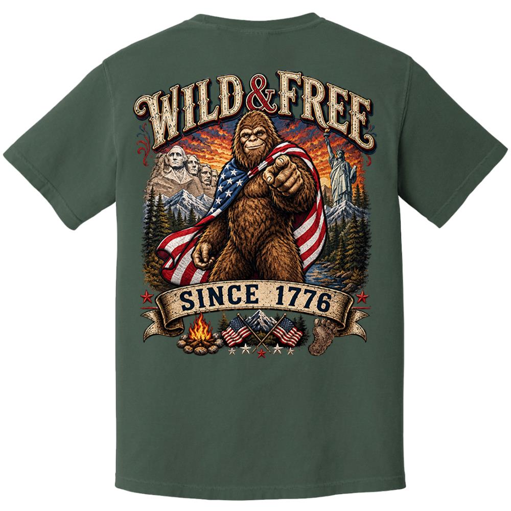 Custom Wild & Free Since 1776 Bigfoot Patriotic T-Shirt