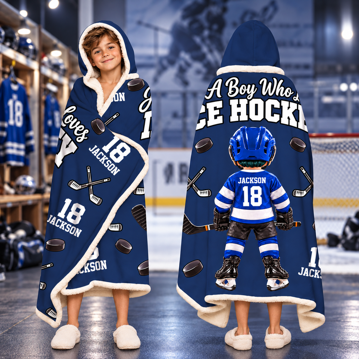 Custom Just A Boy Who Loves Ice Hockey Blanket Hoodie, Christmas Hockey Gift L0411 VH01 DN10
