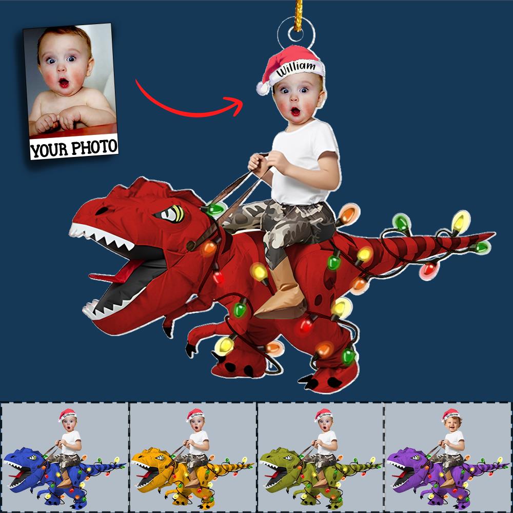 Custom Cute Kid Rides The Dinosaurus Christmas Light Ornament Acrylic Personalized Kids Ornament, Dinosaur Ornament, Baby Dinosaur