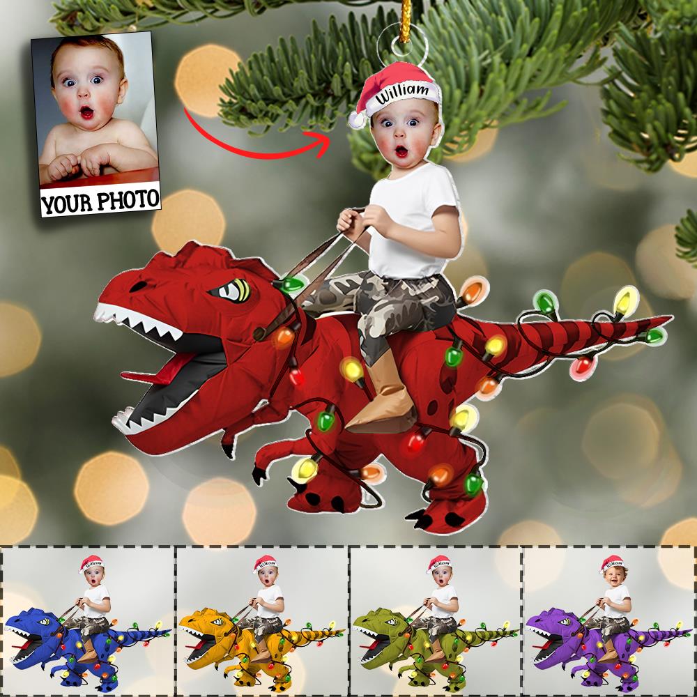 Custom Cute Kid Rides The Dinosaurus Christmas Light Ornament Acrylic Personalized Kids Ornament, Dinosaur Ornament, Baby Dinosaur