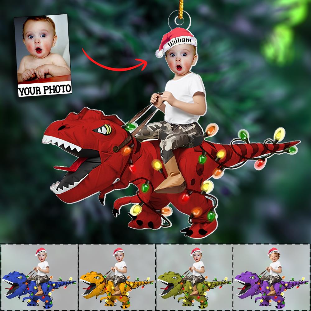 Custom Cute Kid Rides The Dinosaurus Christmas Light Ornament Acrylic Personalized Kids Ornament, Dinosaur Ornament, Baby Dinosaur