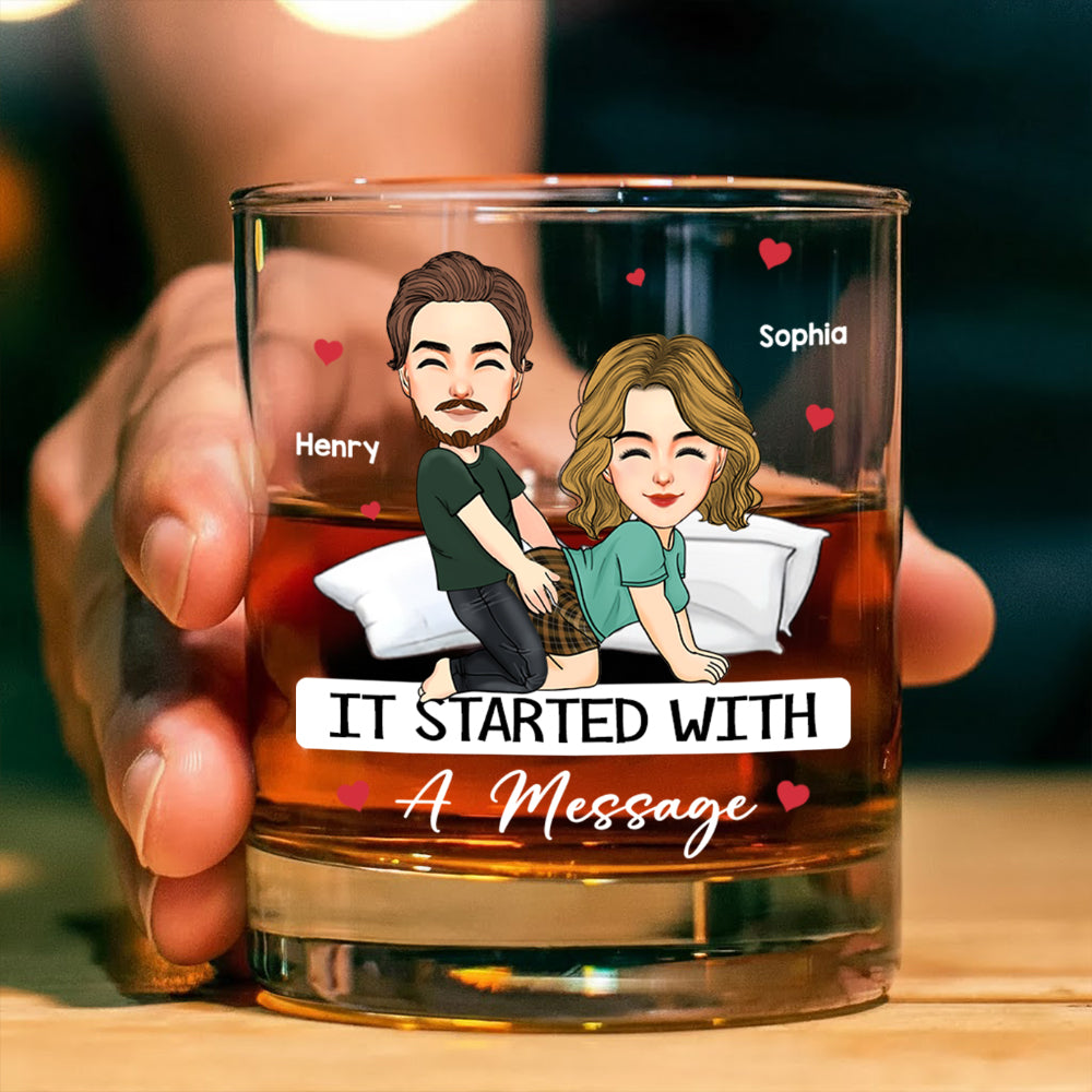 Custom It Started With A Message - Couple Personalized Custom Whiskey Glass - Gift For Husband Wife, Anniversary