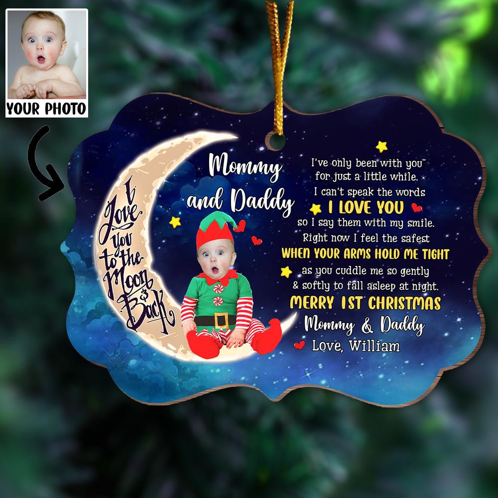 Personalized Adorable Newborn Baby Elf First Christmas Ornament - Custom Face Baby Wooden Ornament