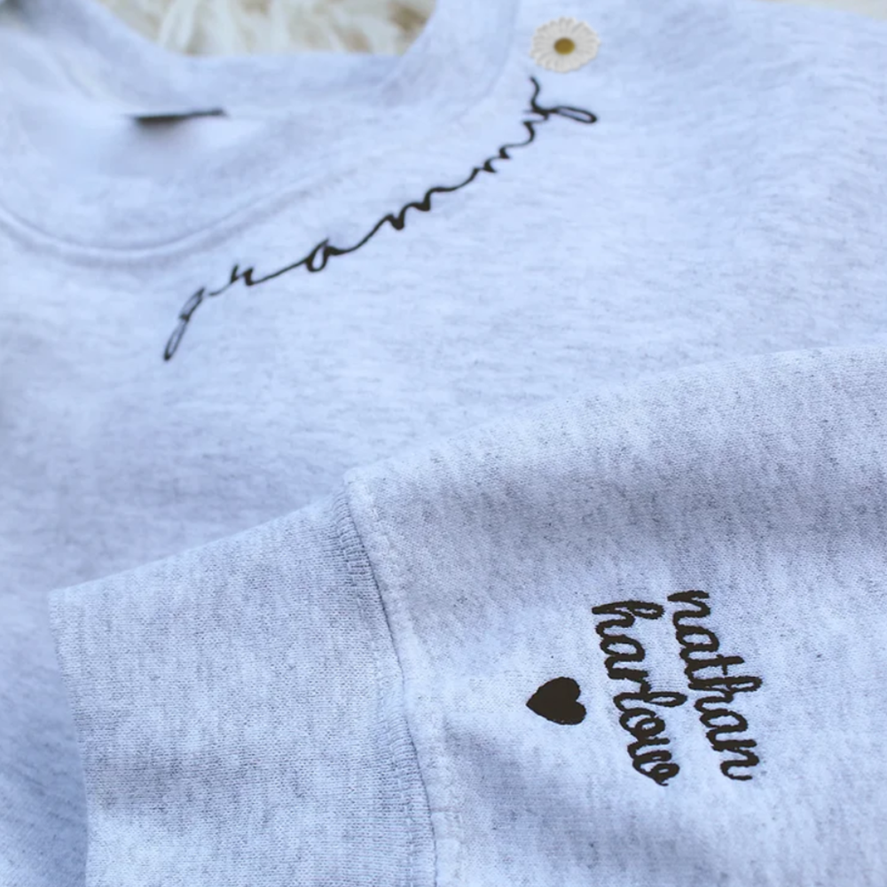 Custom Mama Embroidered Sweatshirt With Kid Name On Sleeve - Personalized Grandma Embroidered Sweatshirt