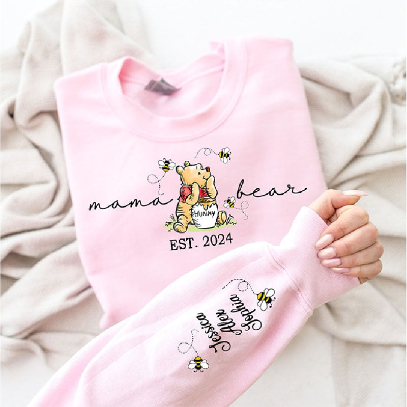 Custom Mama Bear Sweatshirt,Mama Est with Kids Name on Sleeve Sweatshirt, Personalized Mom Sweatshirt, Nana, Grandma, Gigi, Mothers Day Shirt