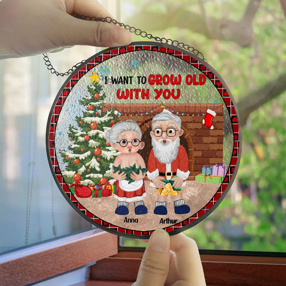Personalized I Want To Grow Old With You Stained Glass Suncatcher for Window Hanging Christmas Gift For Couple