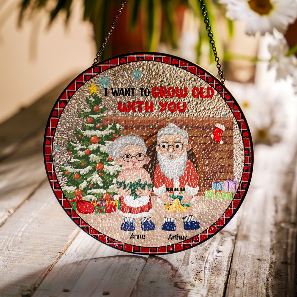 Personalized I Want To Grow Old With You Stained Glass Suncatcher for Window Hanging Christmas Gift For Couple