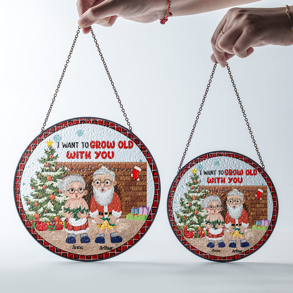 Personalized I Want To Grow Old With You Stained Glass Suncatcher for Window Hanging Christmas Gift For Couple