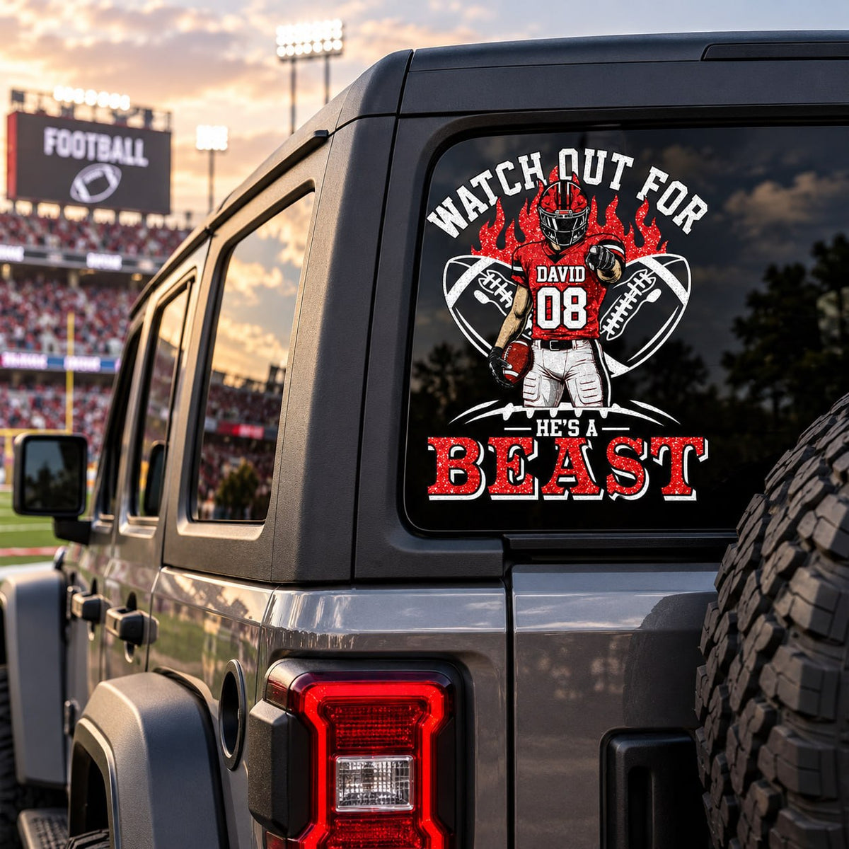 Personalized Watch Out For He's A Beast Car Decal, Custom Football Player Sticker, Gift for Sports Moms and Dads T1807 VH01	