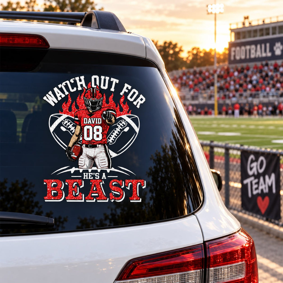 Personalized Watch Out For He's A Beast Car Decal, Custom Football Player Sticker, Gift for Sports Moms and Dads T1807 VH01	