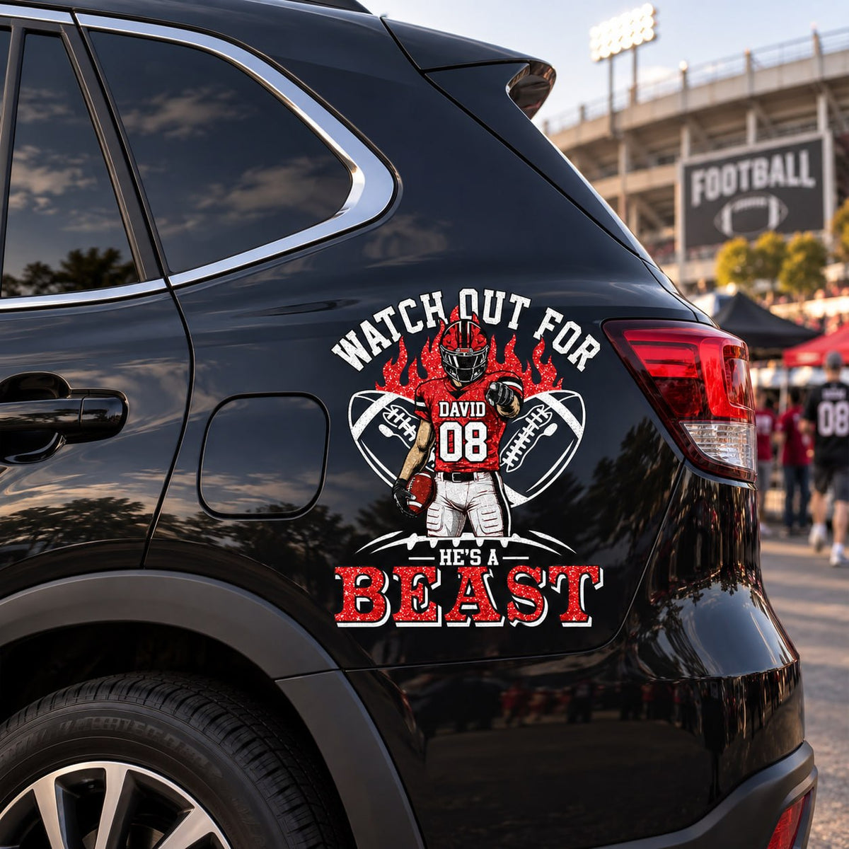 Personalized Watch Out For He's A Beast Car Decal, Custom Football Player Sticker, Gift for Sports Moms and Dads T1807 VH01	