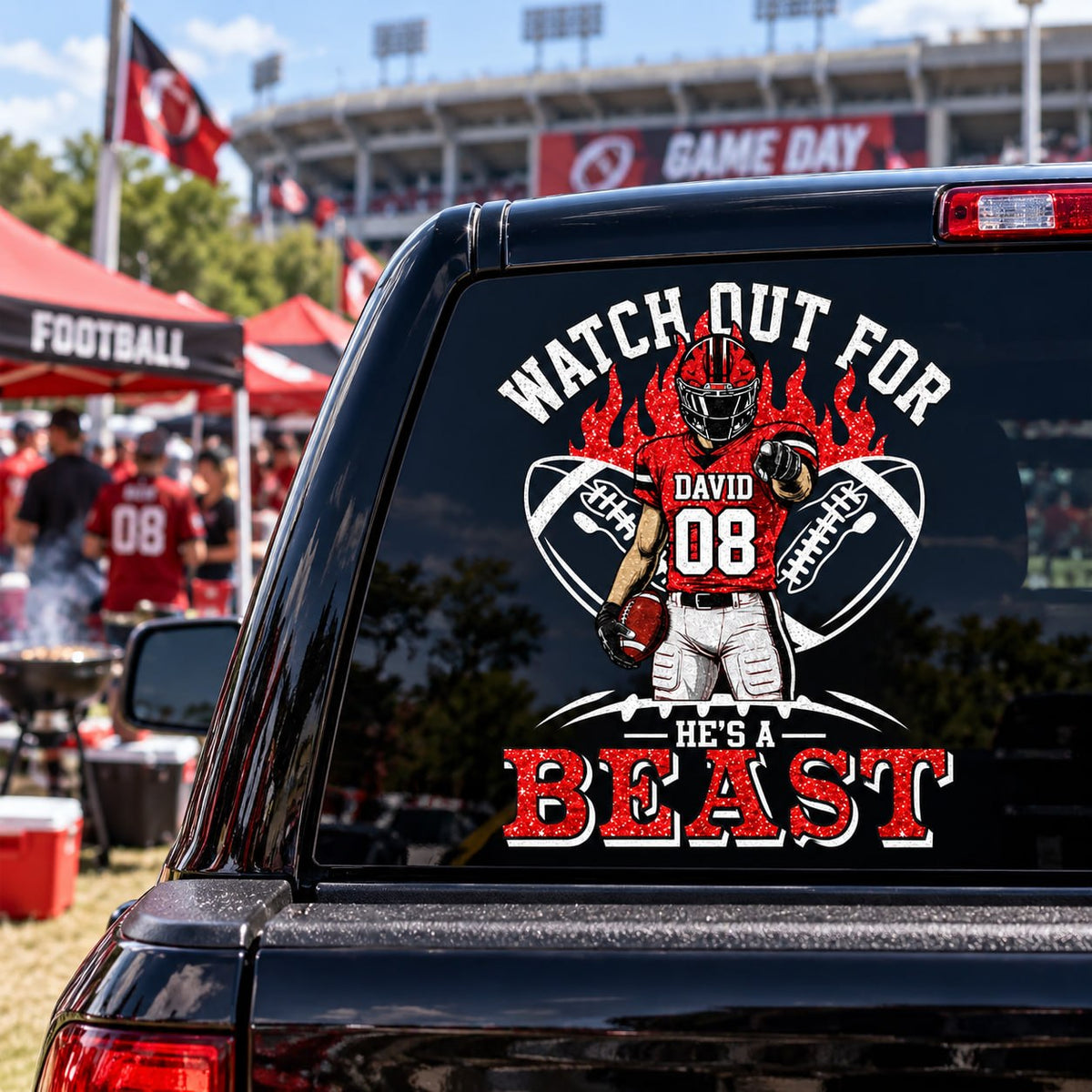Personalized Watch Out For He's A Beast Car Decal, Custom Football Player Sticker, Gift for Sports Moms and Dads T1807 VH01	