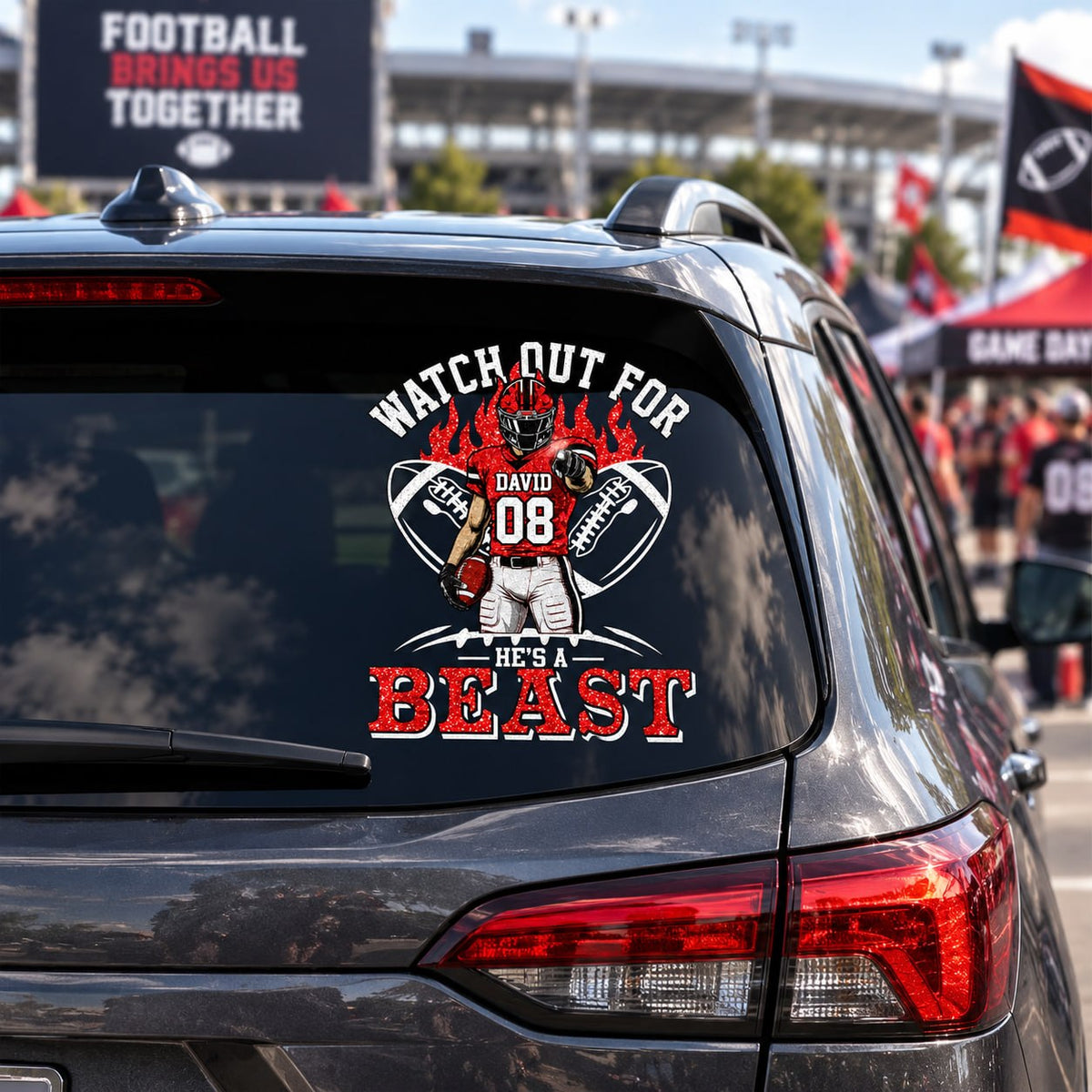 Personalized Watch Out For He's A Beast Car Decal, Custom Football Player Sticker, Gift for Sports Moms and Dads T1807 VH01	