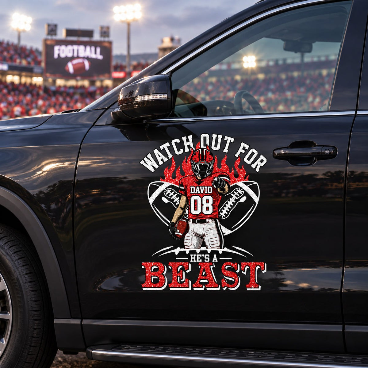 Personalized Watch Out For He's A Beast Car Decal, Custom Football Player Sticker, Gift for Sports Moms and Dads T1807 VH01	