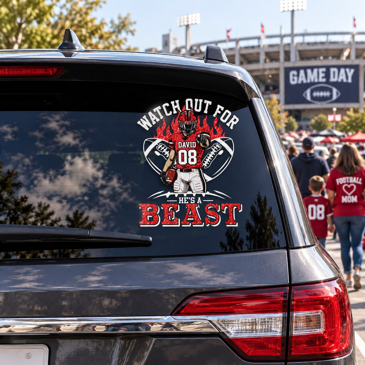 Personalized Watch Out For He's A Beast Car Decal, Custom Football Player Sticker, Gift for Sports Moms and Dads T1807 VH01	