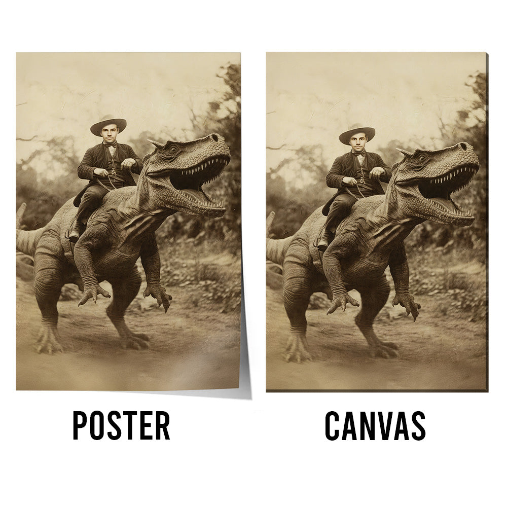 Funny Vintage Cowboy & T-Rex Poster – Custom Face Canvas Print