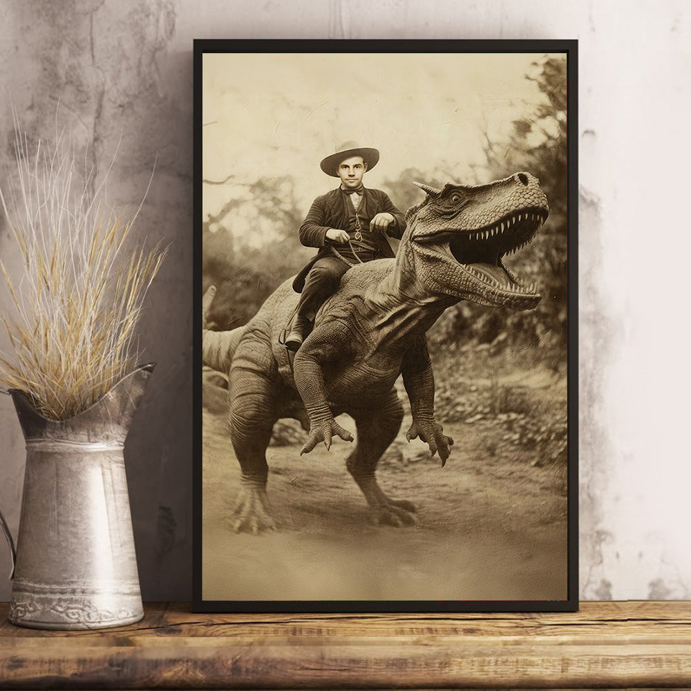 Funny Vintage Cowboy & T-Rex Poster – Custom Face Canvas Print
