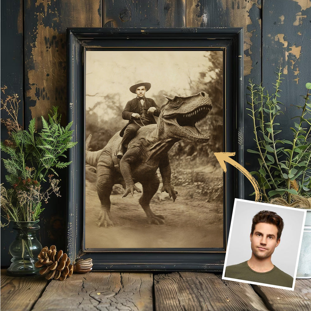 Funny Vintage Cowboy & T-Rex Poster – Custom Face Canvas Print