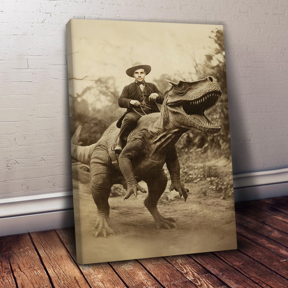 Funny Vintage Cowboy & T-Rex Poster – Custom Face Canvas Print