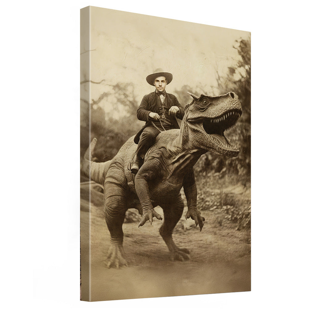 Funny Vintage Cowboy & T-Rex Poster – Custom Face Canvas Print