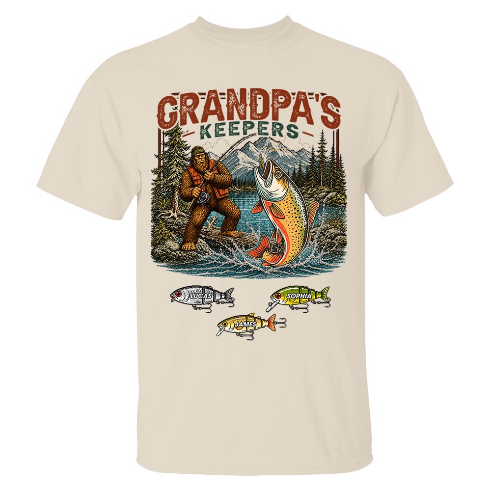 Grandpa's Keepers Bigfoot Fishing Shirt, Personalized Dad Shirt With Custom Kids, Bigfoot Fisherman Father's Day Gift, Gift for Dad Na02 Nh00