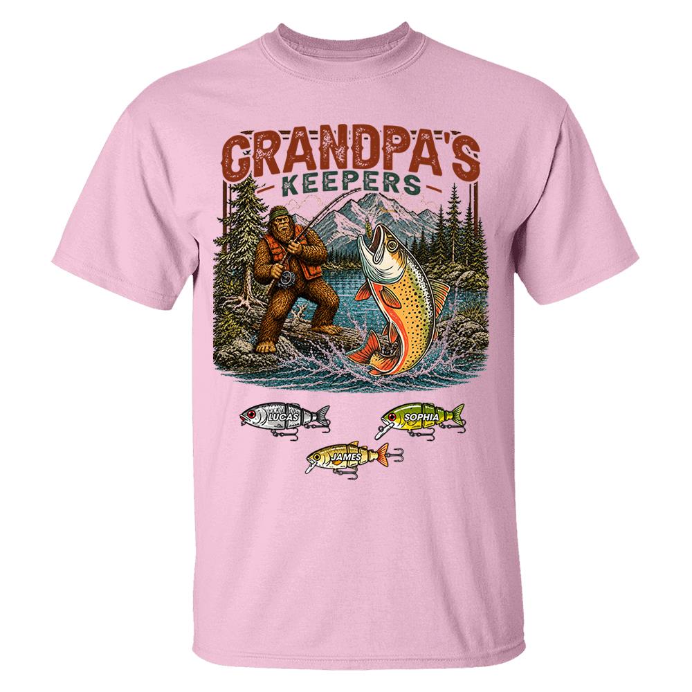Grandpa's Keepers Bigfoot Fishing Shirt, Personalized Dad Shirt With Custom Kids, Bigfoot Fisherman Father's Day Gift, Gift for Dad Na02 Nh00