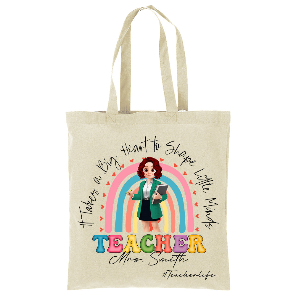 Personalized Teacher Tote Bag "It Takes a Big Heart", Custom Name, Teacher Appreciation Gift T1807 Do99
