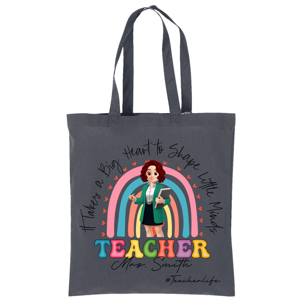 Personalized Teacher Tote Bag "It Takes a Big Heart", Custom Name, Teacher Appreciation Gift T1807 Do99
