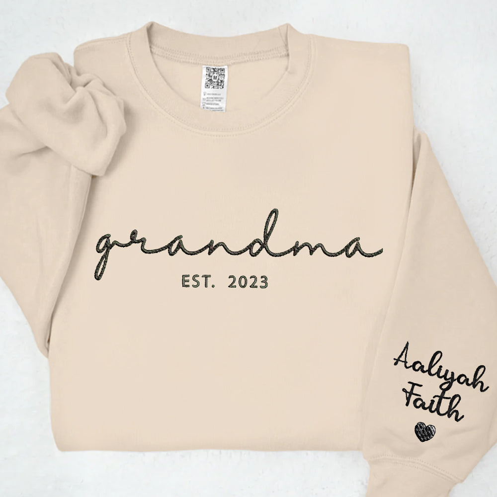 Embroidered Custom Grandma Sweatshirt with Grandkids Names on Sleeve