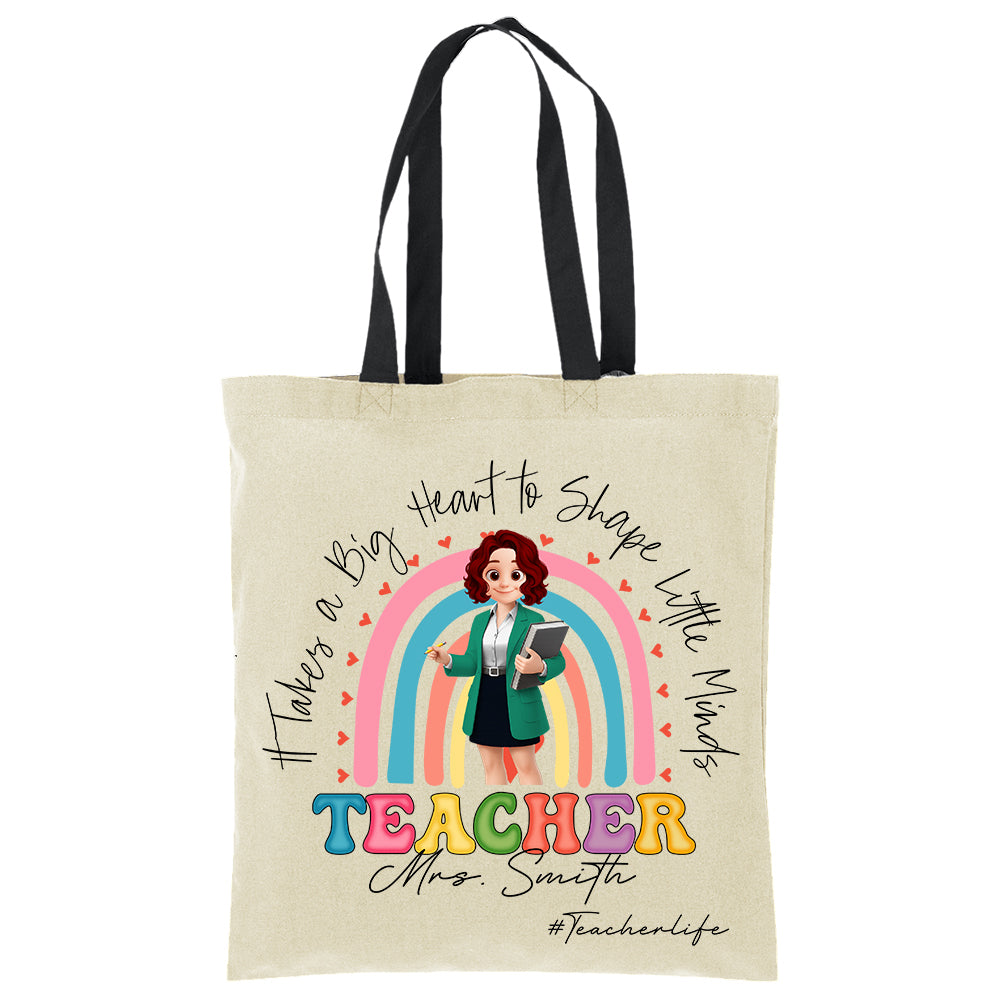 Personalized Teacher Tote Bag "It Takes a Big Heart", Custom Name, Teacher Appreciation Gift T1807 Do99