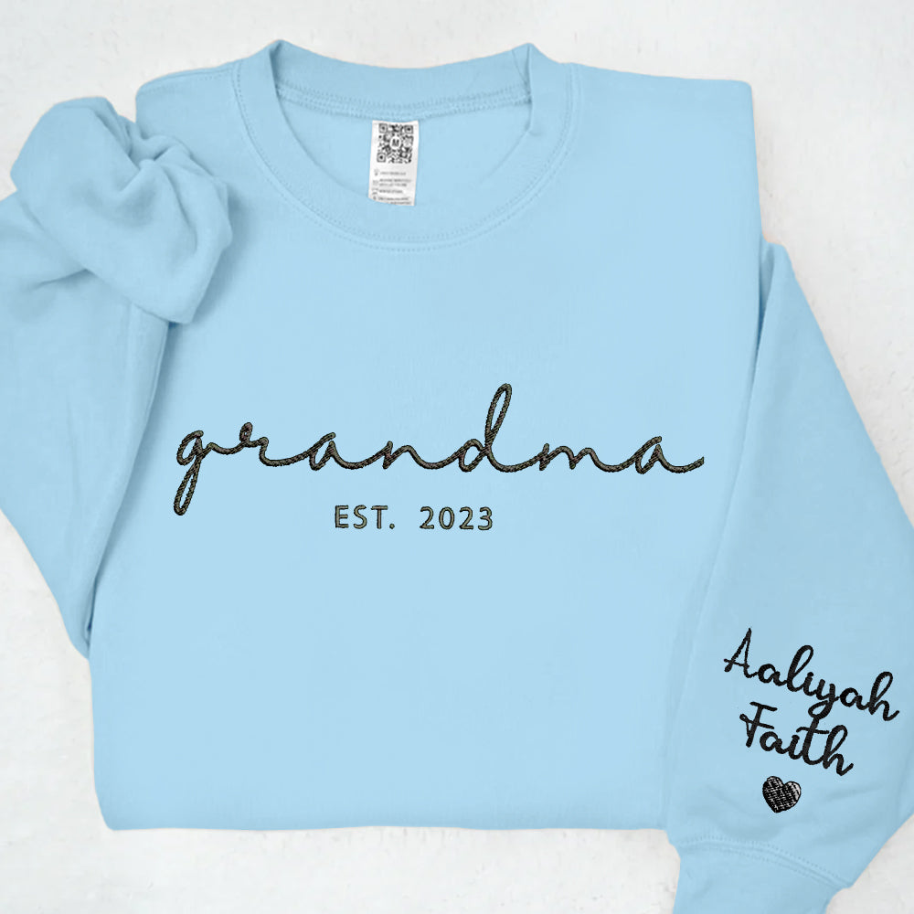 Embroidered Custom Grandma Sweatshirt with Grandkids Names on Sleeve